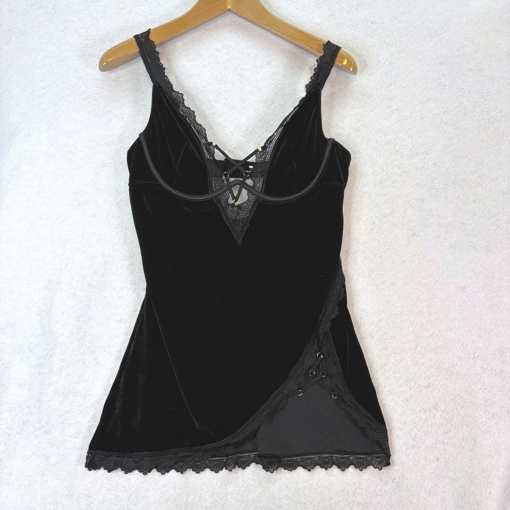 Glam Romantic Goth Vamp Witchy Grunge Slip Dress Sz Large Black Velvet Lace Trim